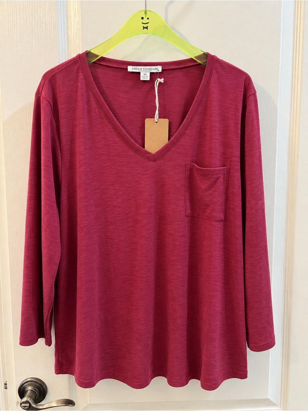 Green Envelope Berry V-Neck Long Sleeve Top with Chest Pocket